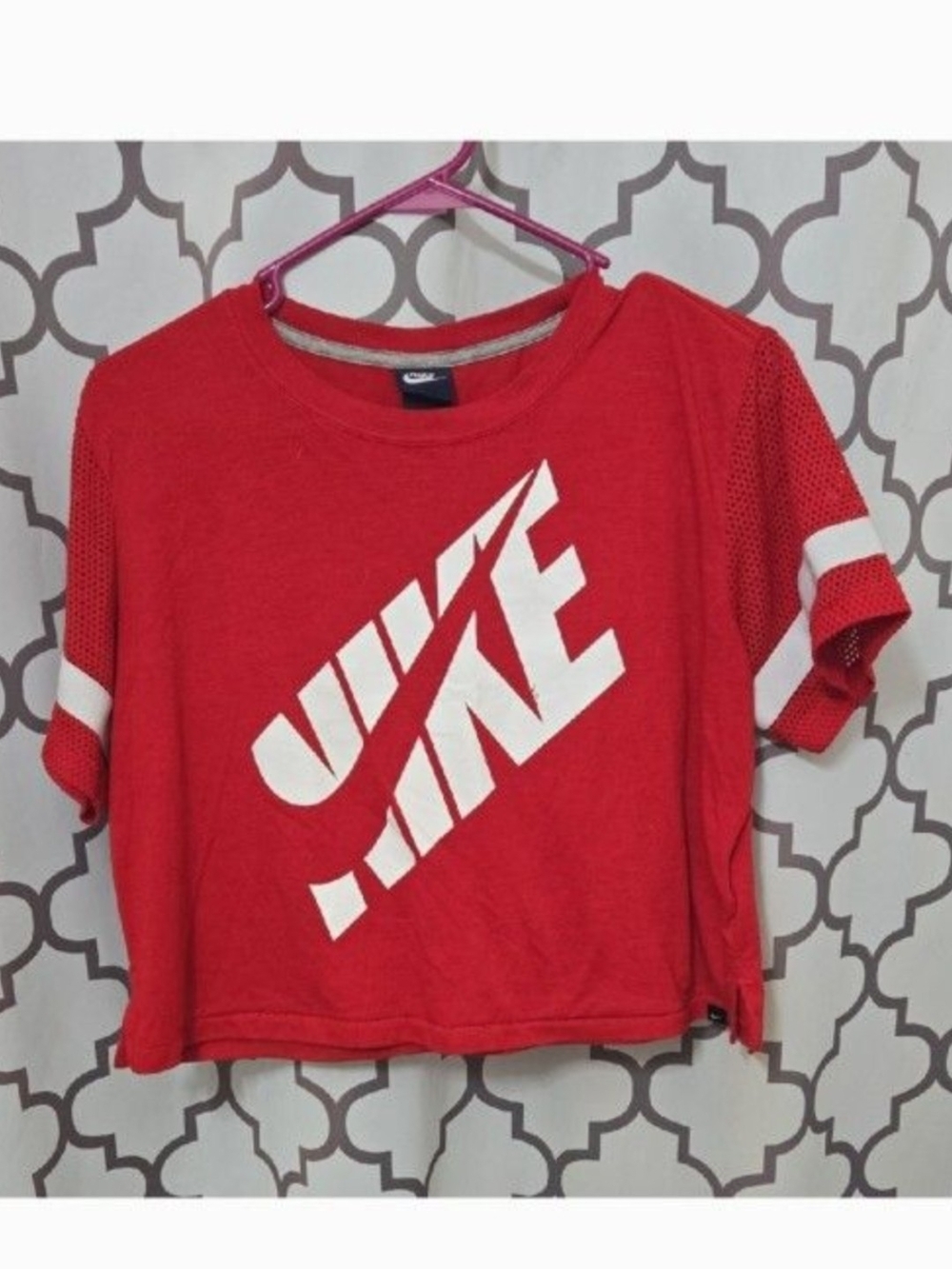 Nike Red Cropped Tee with White Logo and Sleeve Stripes
